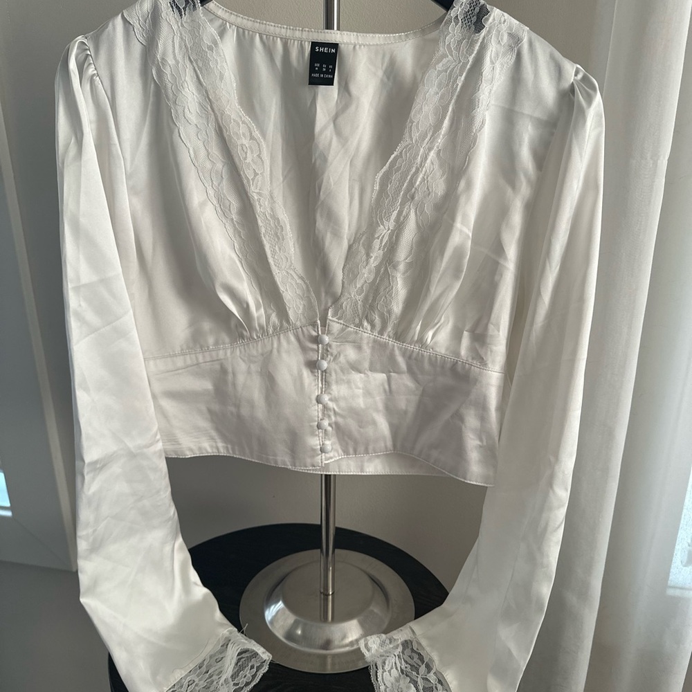 SHEIN White Lace V-Neck Blouse